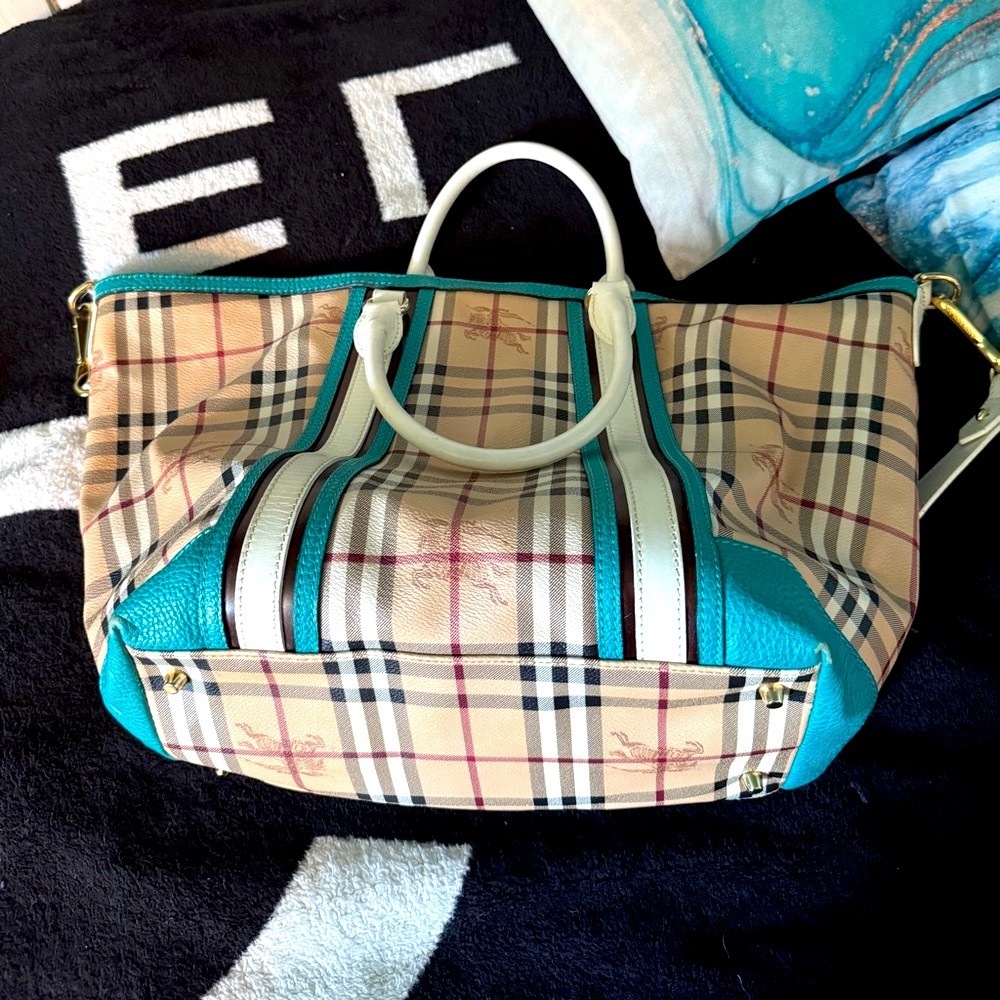 Burberry Teal and Plaid Tote Bag